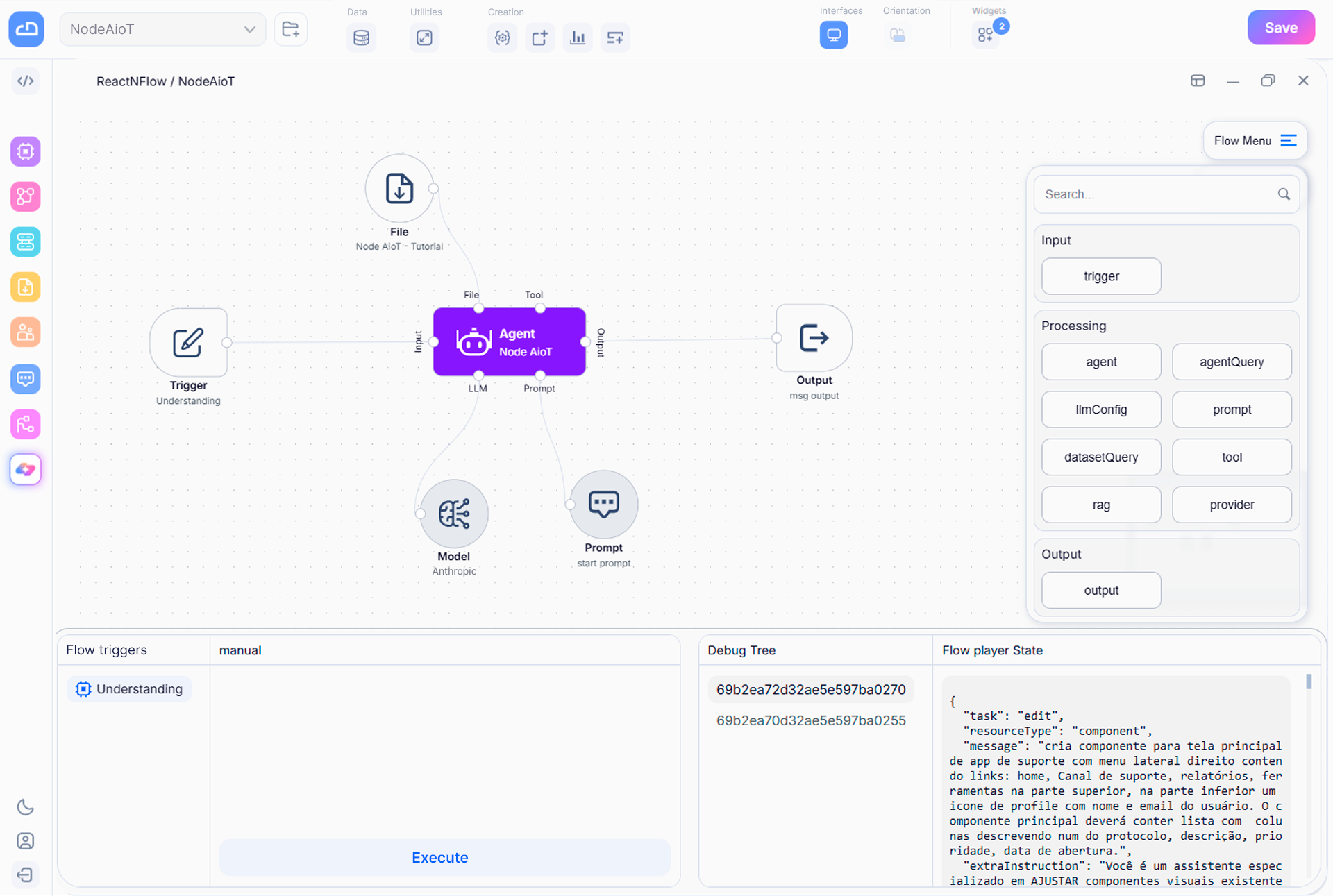 AI-powered flow builder interface for automation and LLM orchestration in Node AioT platform